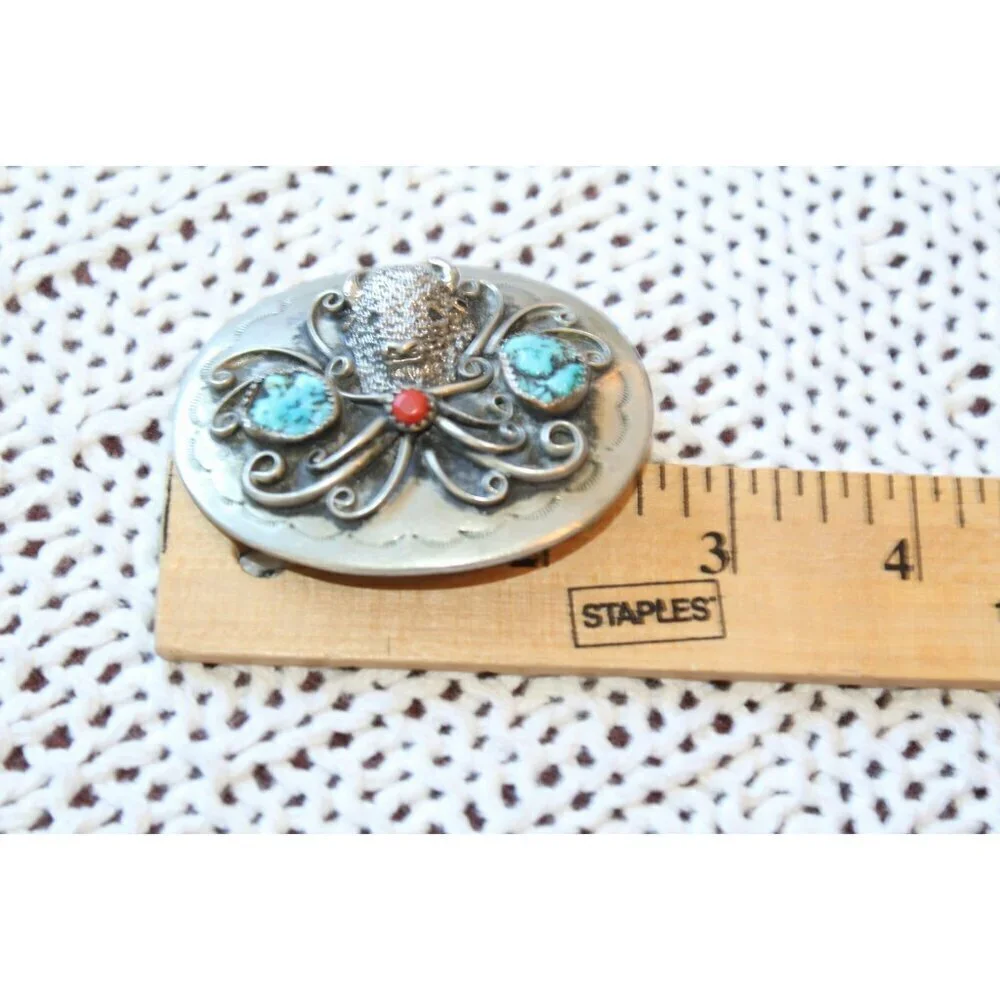 Vtg Navajo Buffalo Head Belt Buckle Turquoise & Coral Native American Handmade